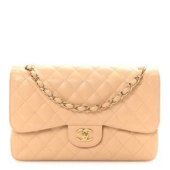 CHANEL Caviar Quilted Jumbo Double Flap Beige