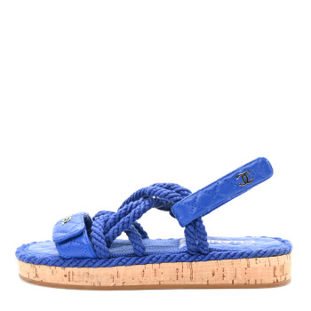 CHANEL Cord Lambskin Quilted Logo Sandals 37 Blue