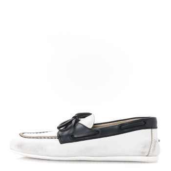MIU MIU Vitello Deco Boat Loafers 37 White Black