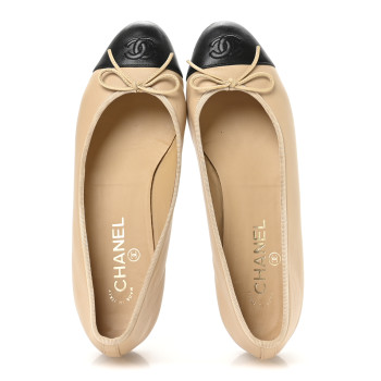 CHANEL Lambskin Cap Toe CC Ballerina Flats 39.5 Beige Black