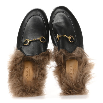 GUCCI Calfskin Fur Womens Princetown Slippers 36 Black