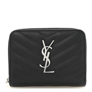 SAINT LAURENT Grain De Poudre Matelasse Chevron Monogram Compact Zip Around Wallet Black