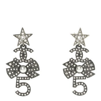 CHANEL Ruthenium Crystal Pearl CC Star Bow No 5 Drop Earrings