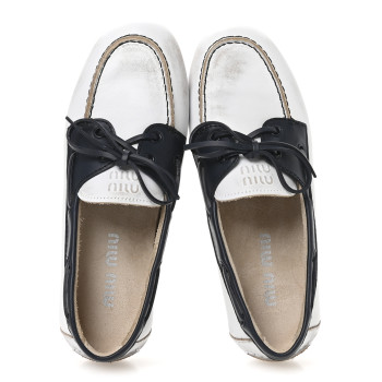 MIU MIU Vitello Deco Boat Loafers 37 White Black