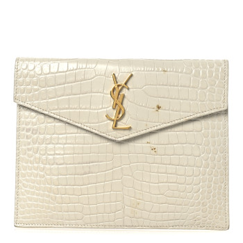 SAINT LAURENT Calfskin Crocodile Embossed Monogram Uptown Baby Pouch Perle