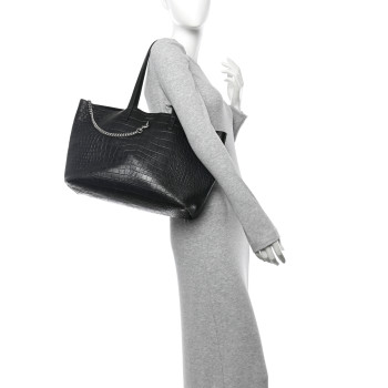 SAINT LAURENT Calfskin Crocodile Embossed Shopping Tote Black