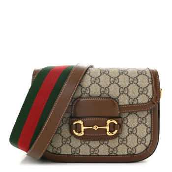 GUCCI GG Supreme Monogram Azalea Calfskin Web Mini Horsebit 1955 Shoulder Bag Beige Ebony Brown Sugar