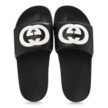GUCCI Nappa Miro Soft Calfskin Womens Interlocking G Slide Sandals 38 Black White