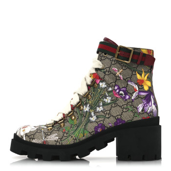 GUCCI GG Supreme Monogram Flora Lace Up Combat Ankle Boots 40 Beige Multicolor Red