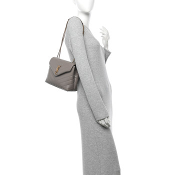 SAINT LAURENT Calfskin Y Quilted Monogram Small Loulou Chain Satchel Taupe