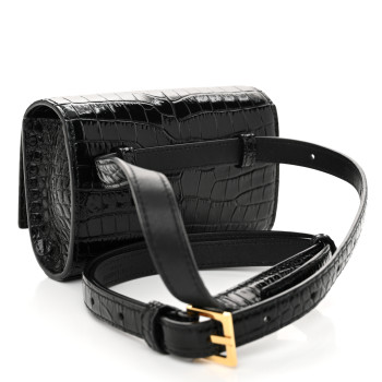 SAINT LAURENT Calfskin Crocodile Embossed Monogram Kate Belt Bag Black