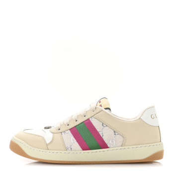 GUCCI Calfskin Lame GG Monogram Web Womens Screener Sneakers 39.5 Gardenia Silver Dusty Milk White