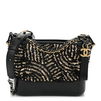 CHANEL Sequin Calfskin Small Gabrielle Hobo Black Gold