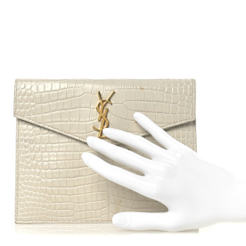SAINT LAURENT Calfskin Crocodile Embossed Monogram Uptown Baby Pouch Perle