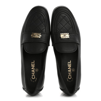 CHANEL Lambskin Quilted Boy Loafers 39.5 Black