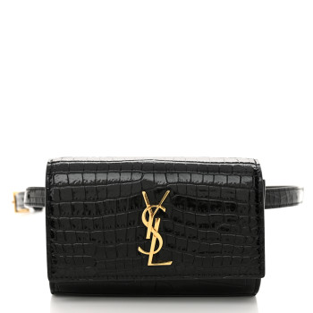 SAINT LAURENT Calfskin Crocodile Embossed Monogram Kate Belt Bag Black