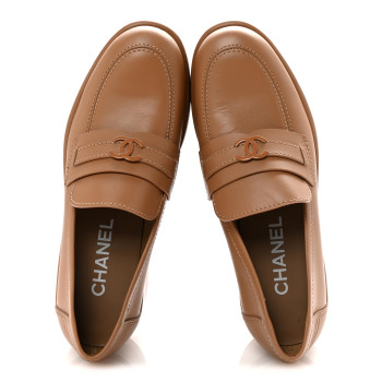 CHANEL Calfskin CC Platform Loafers 38 Beige