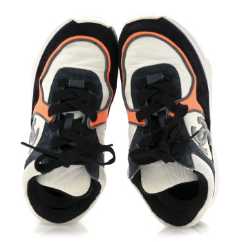 CHANEL Nylon Calfskin Suede CC Womens Sneakers 35.5 Navy White Orange
