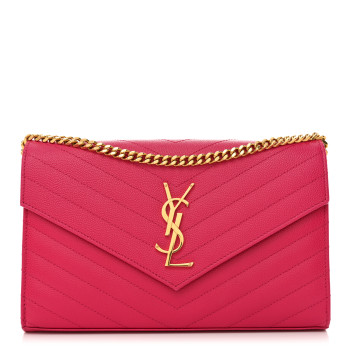 SAINT LAURENT Grain De Poudre Matelasse Chevron Monogram Chain Wallet Hot Pink