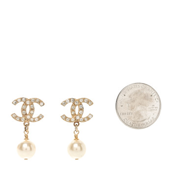 CHANEL Crystal Pearl CC Drop Earrings Gold