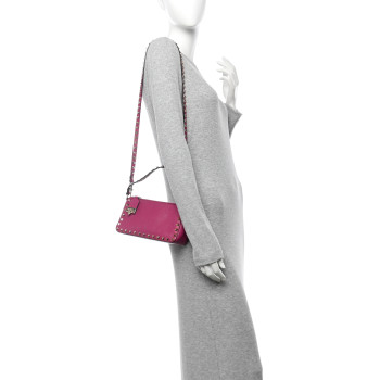 VALENTINO GARAVANI Pebbled Calfskin Small Rockstud Flip Lock Shoulder Bag Fuxia