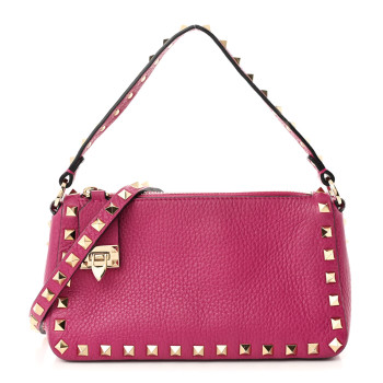 VALENTINO GARAVANI Pebbled Calfskin Small Rockstud Flip Lock Shoulder Bag Fuxia