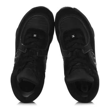 CHANEL Fabric Calfskin Suede CC Sneakers 38.5 Black
