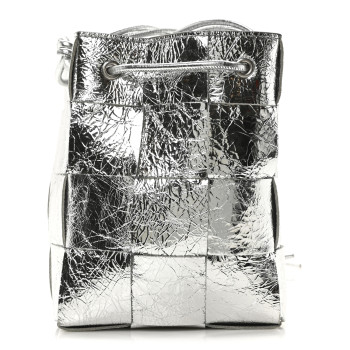 BOTTEGA VENETA Metallic Crinkled Lambskin Maxi Intrecciato Cassette Bucket Bag Silver