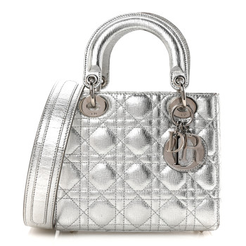 CHRISTIAN DIOR Metallic Grained Calfskin Cannage Small Lucky Badges My Lady Dior Silver