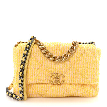 CHANEL Tweed Quilted Large Chanel 19 Flap Yellow