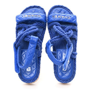 CHANEL Cord Lambskin Quilted Logo Sandals 37 Blue