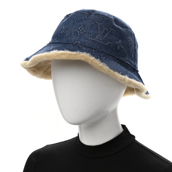 LOUIS VUITTON Monogram Denim Shearling Bucket Hat L Blue