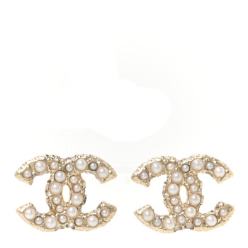 CHANEL Metal Graduated Pearl Crystal CC Earrings Light Gold