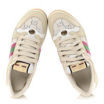 GUCCI Calfskin Lame GG Monogram Web Womens Screener Sneakers 39.5 Gardenia Silver Dusty Milk White