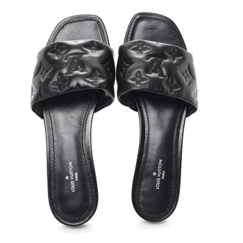 LOUIS VUITTON Lambskin Embossed Monogram Revival Flat Mules 37 Black