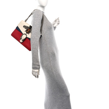 GUCCI Calfskin Bee Embroidered Medium Dionysus Shoulder Bag White Blue Hibiscus Red