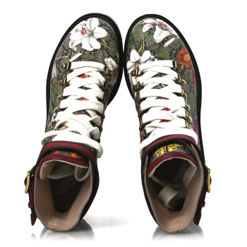GUCCI GG Supreme Monogram Flora Lace Up Combat Ankle Boots 40 Beige Multicolor Red