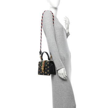 GUCCI Textured Calfskin Bee Star Print Mini Sylvie Top Handle Bag Black