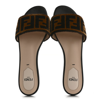 FENDI Velvet FF Flat Slide Sandals 36.5 Tobacco