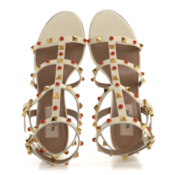 VALENTINO GARAVANI Calfskin Rockstud 60mm City Sandals 37 Ivory Coral Red