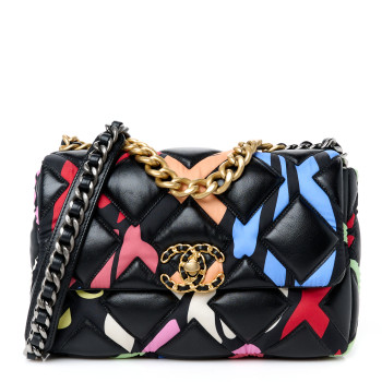 CHANEL Lambskin Printed Fabric Medium Chanel 19 Flap Black Multicolor