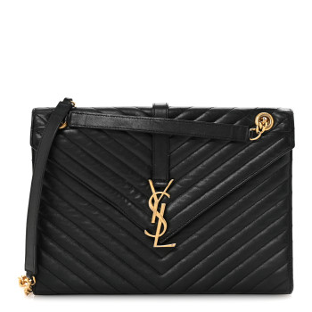 SAINT LAURENT Smooth Calfskin Matelasse Chevron Large Monogram Satchel Black