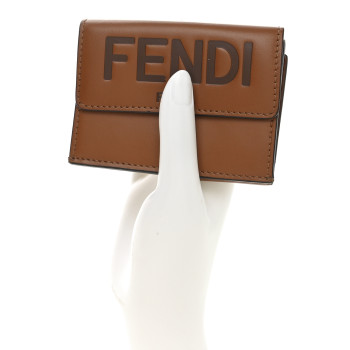FENDI Vitello King Tamponato Logo Embossed Fold Over Card Holder Wallet Cuoio
