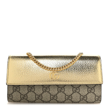 GUCCI Metallic Calfskin GG Supreme Monogram Petite GG Marmont Wallet Chain Bag Gold Beige Ebony