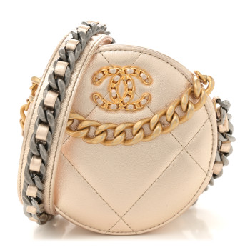 CHANEL Metallic Lambskin Quilted Chanel 19 Round Clutch With Chain Gold