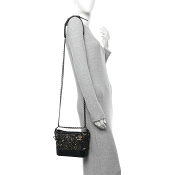 CHANEL Sequin Calfskin Small Gabrielle Hobo Black Gold