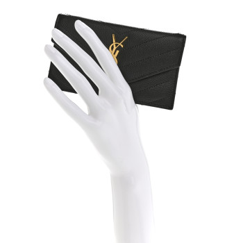 SAINT LAURENT Grain De Poudre Matelasse Chevron Monogram Compact Wallet Black