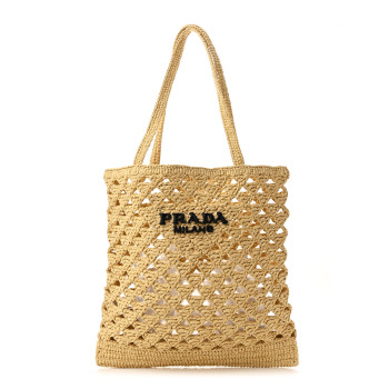 PRADA Yarn Raffia Effect Embroidered Logo Tote Naturale