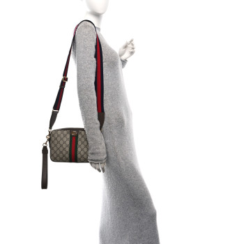 GUCCI GG Supreme Monogram Textured Dollar Calfskin Web Ophidia Wristlet Shoulder Bag Beige Ebony New Acero