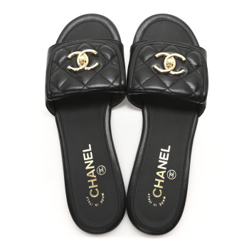 CHANEL Lambskin Quilted Turnlock Flat Mules 37.5 Black